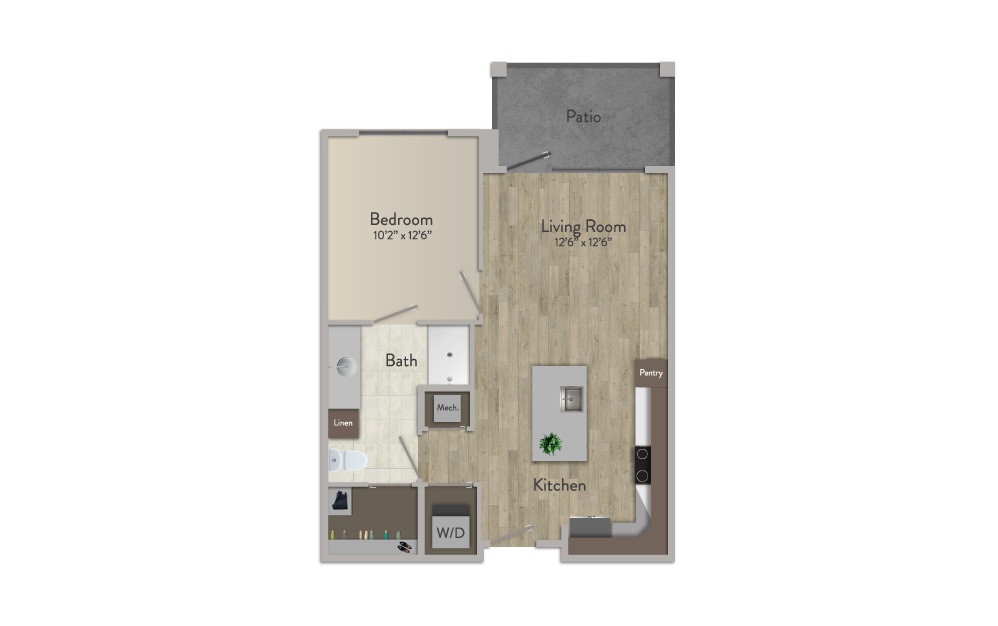 A1 - 1 bedroom floorplan layout with 1 bath and 664 square feet.